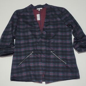 Maurices Navy and Red Plaid Blazer with Faux Zipper Pockets XL